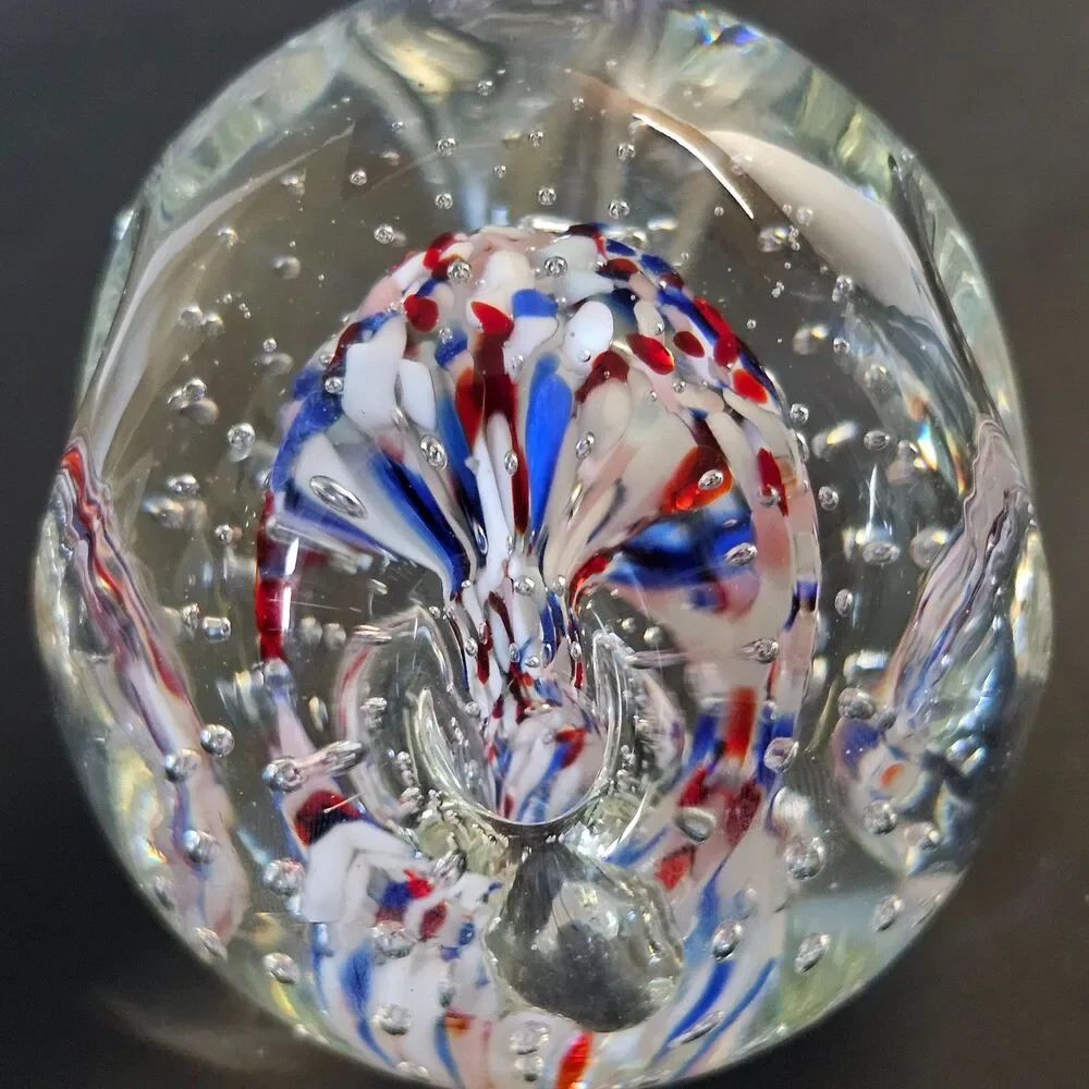 Vtg Murano Glass Paperweight Red White Blue Controlled Bubbles Pen Pencil Holder
